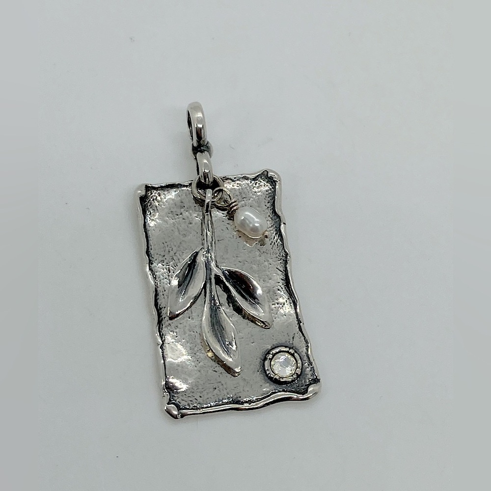 Silpada Sterling Silver Pearl CZ & Leaf Dangle Charm Pendant Only Retired